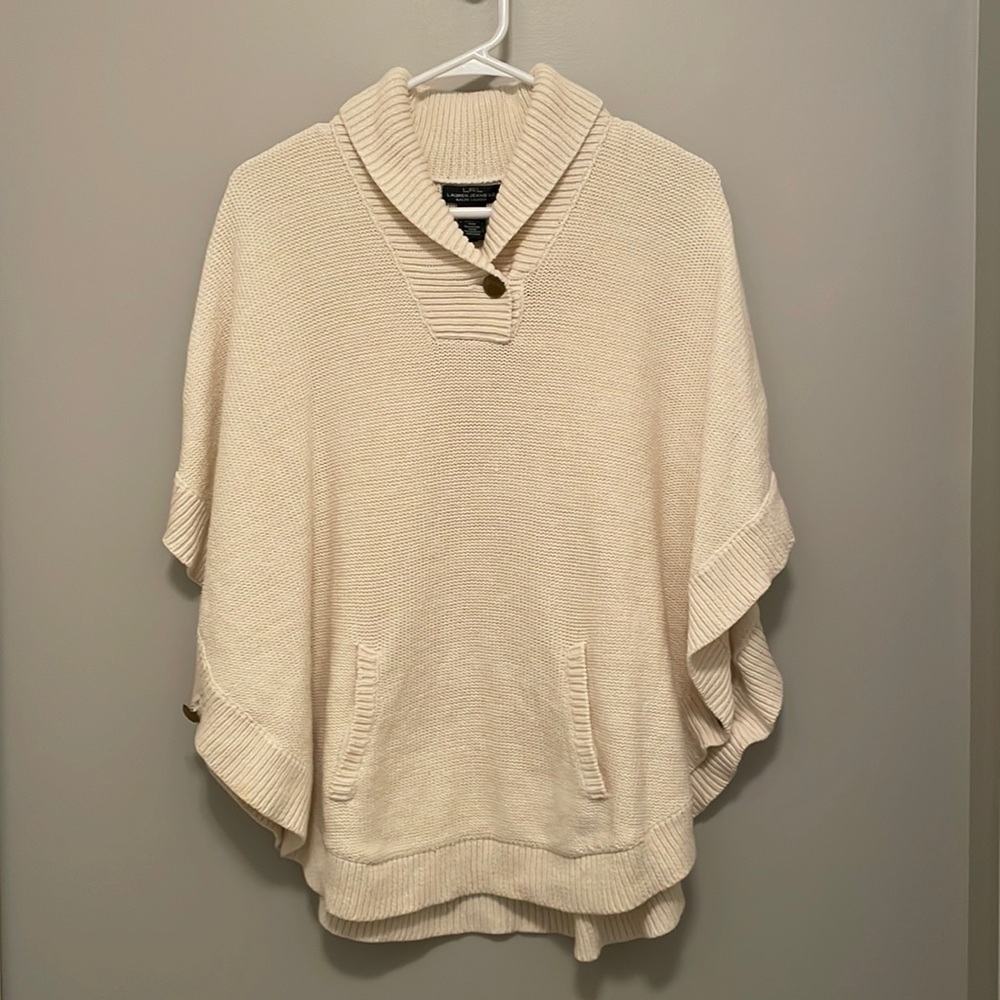 Lauren Ralph Lauren Cream Knit Poncho Sweater, L